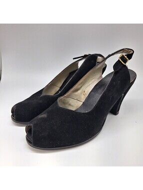 Vintage Black Suede Slingback Peep Toe Heels Made Germany Women’s Shoes